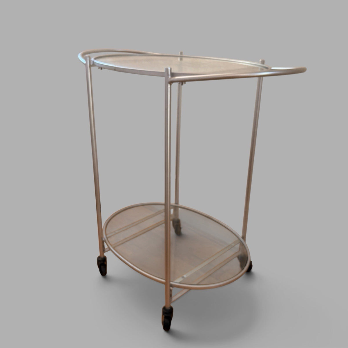 1990s Oval Glass & Silver-Tone Drinks Trolley – Two-Tier Bar Cart – view 3