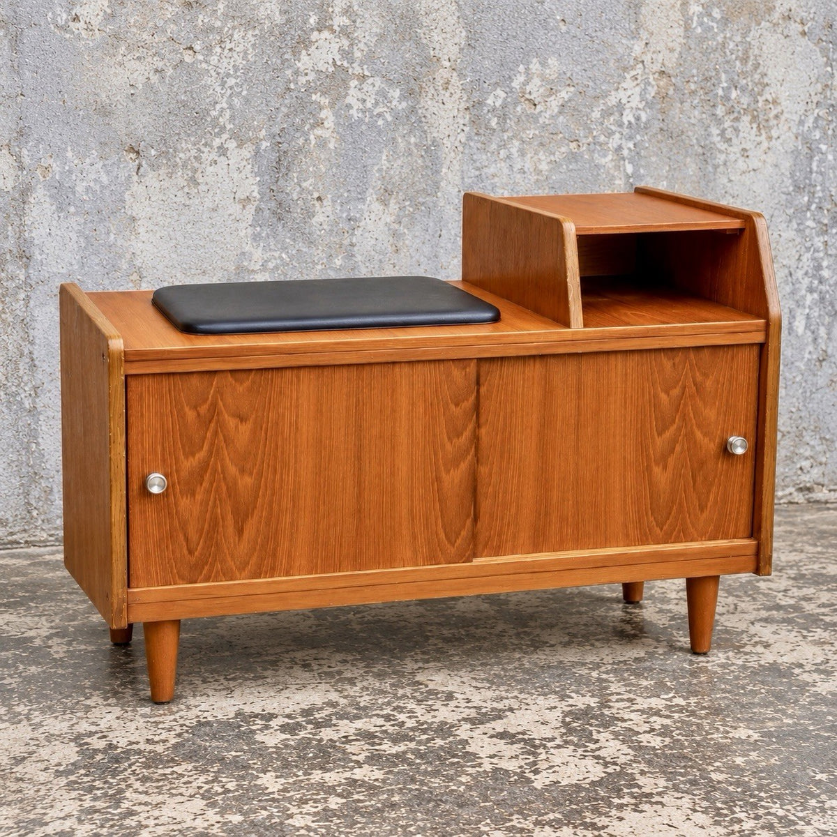 Mid Century Chippy Heath Teak Telephone Bench – Black Vinyl – view 1