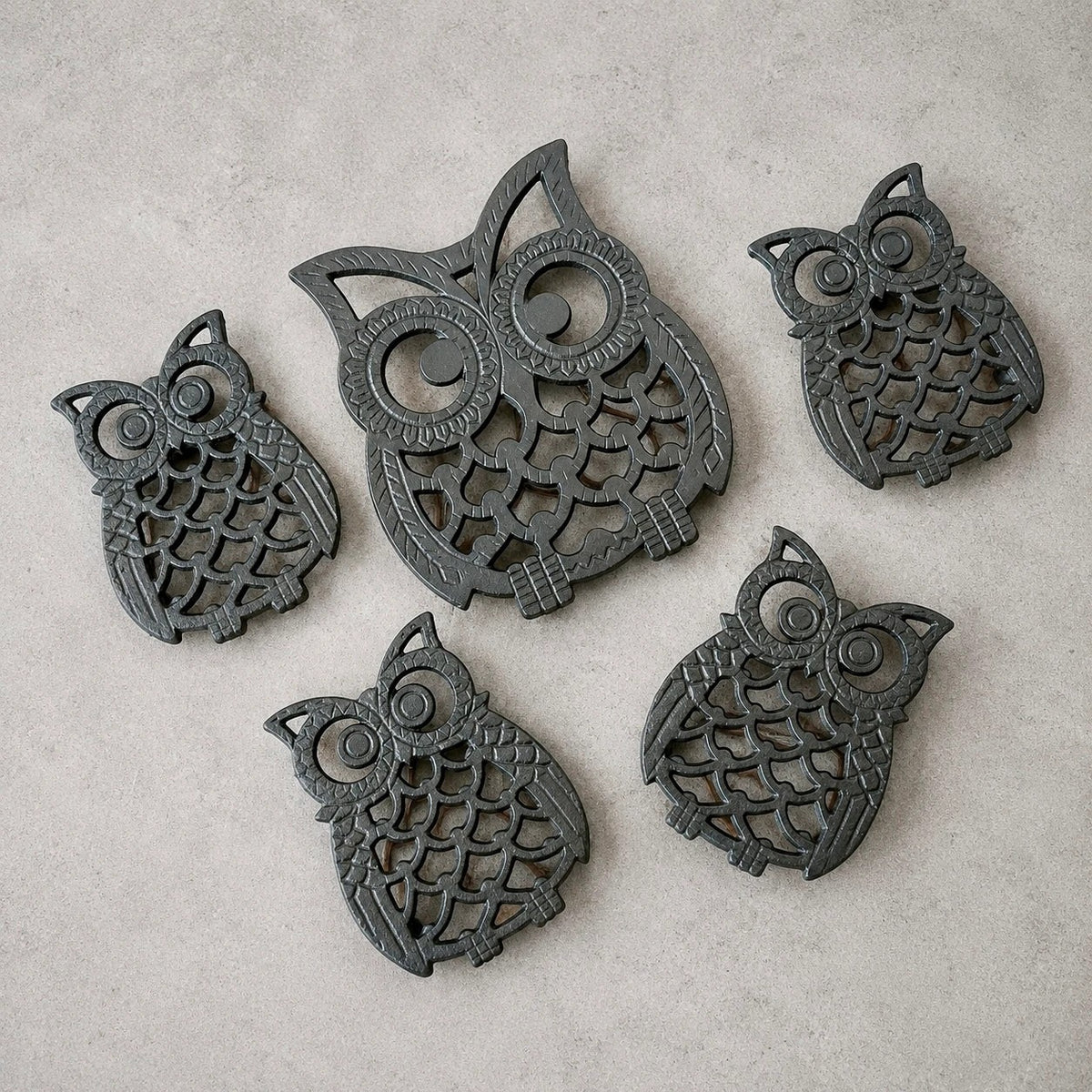 Vintage Cast Iron Owl Trivet & Coaster Set – Five Pieces – view 1