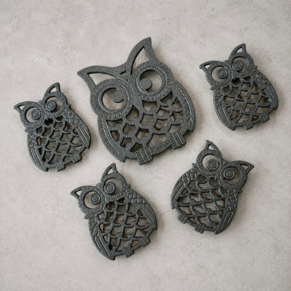 Vintage Cast Iron Owl Trivet & Coaster Set – Five Pieces – view 1