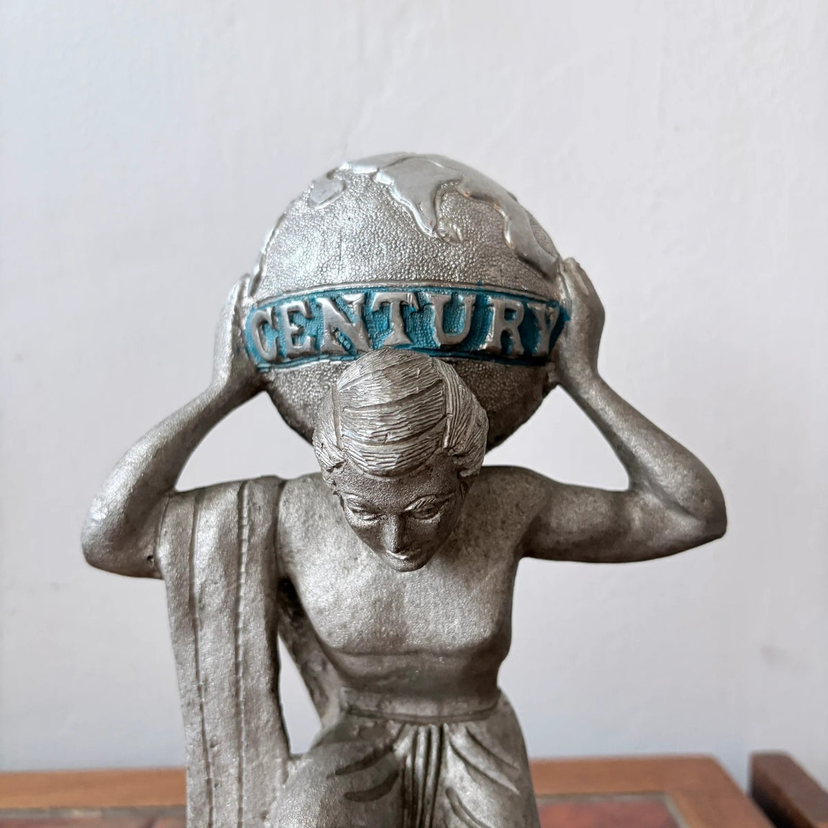 Art Deco Century Atlas Globe Bookend – Cast Metal on Wooden Plinth – view 3