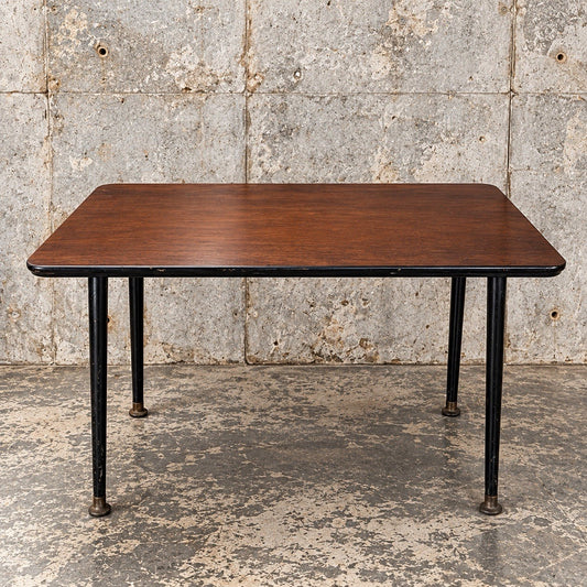 Mid Century Teak-Effect Side Table with Black Sputnik Metal Legs – original photograph 1