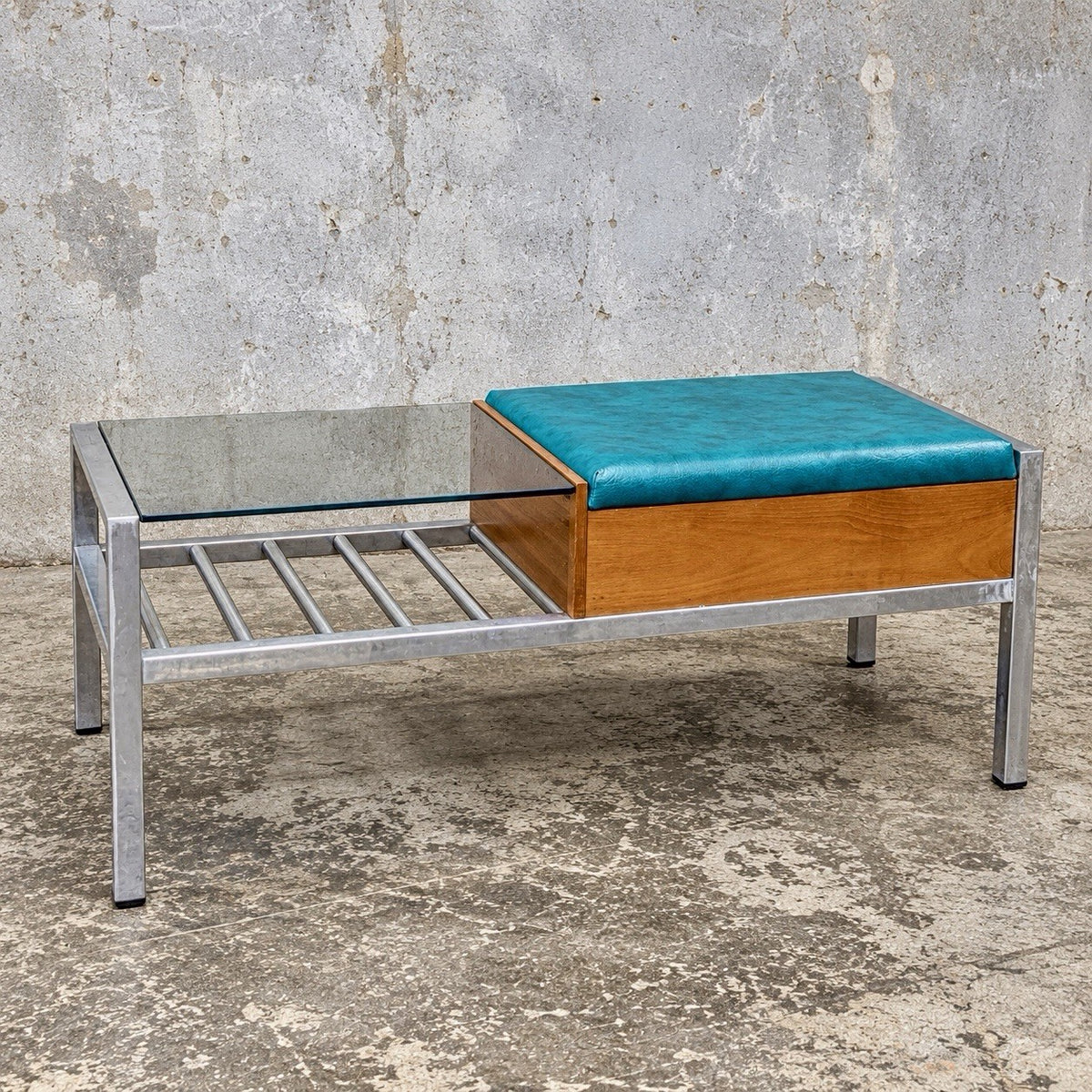 Mid Century Chippy Heath Teak & Chrome Telephone Bench – view 1