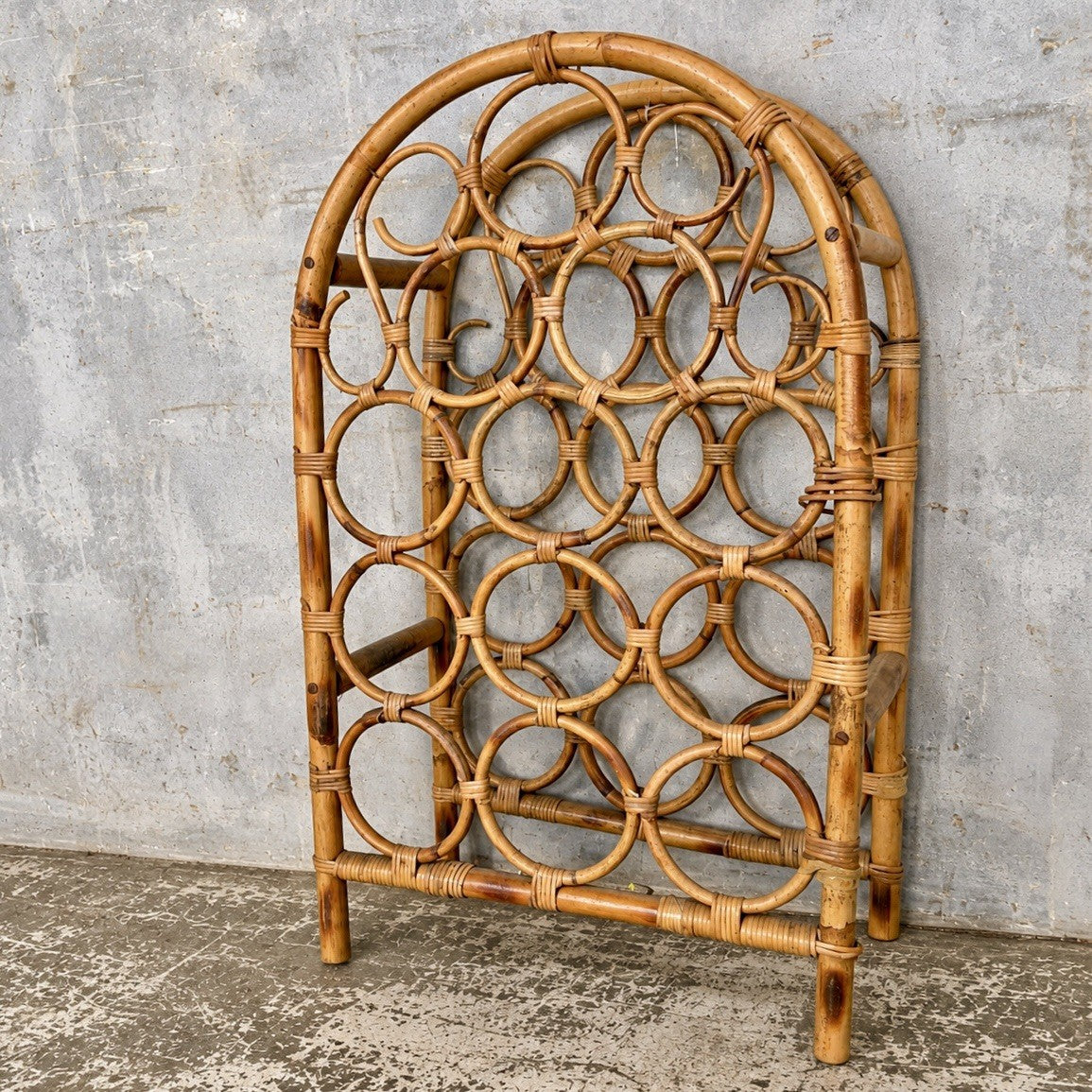 Vintage Bamboo & Rattan Circular Wine Rack | Natural Woven Storage – original photograph 1