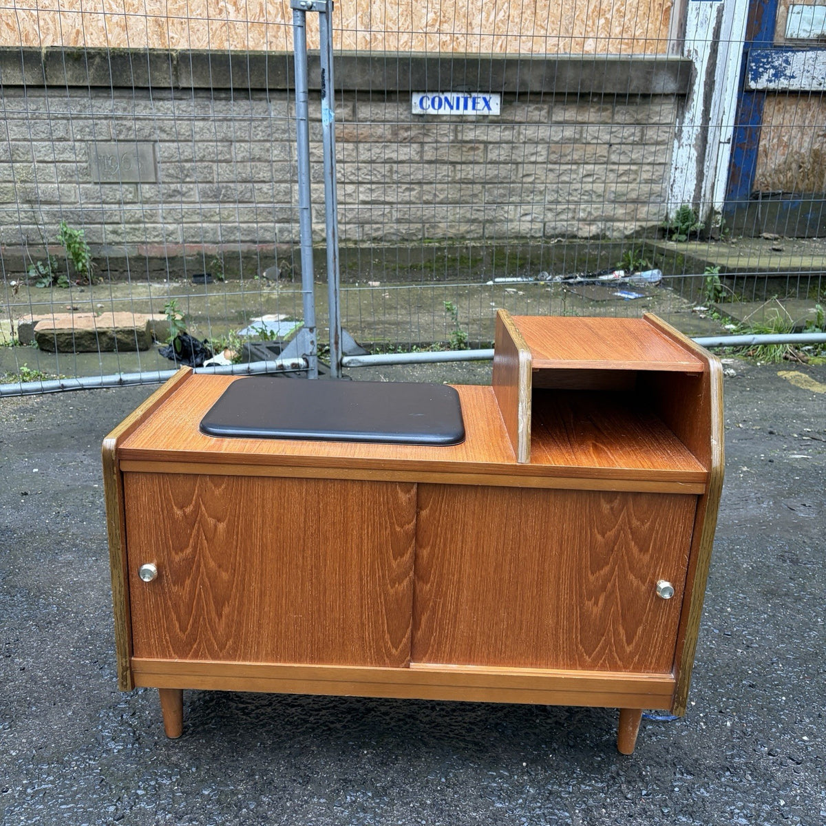 Mid Century Chippy Heath Teak Telephone Bench – Black Vinyl – view 3