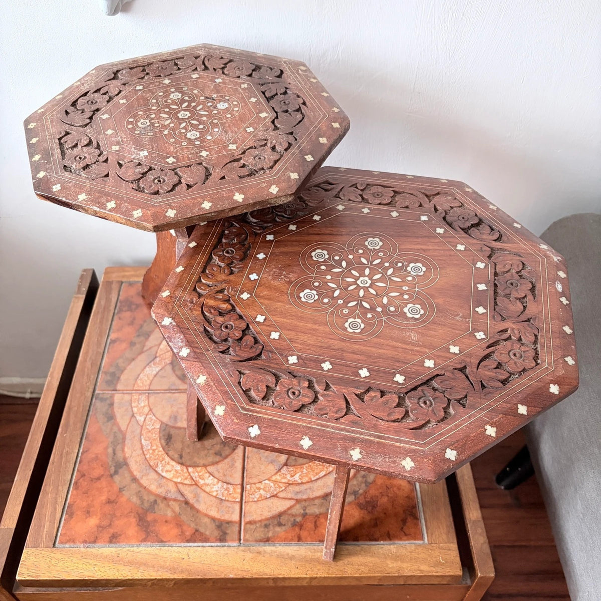 1960s Teak & Mother-of-Pearl Folding Side Tables – Pair – view 2
