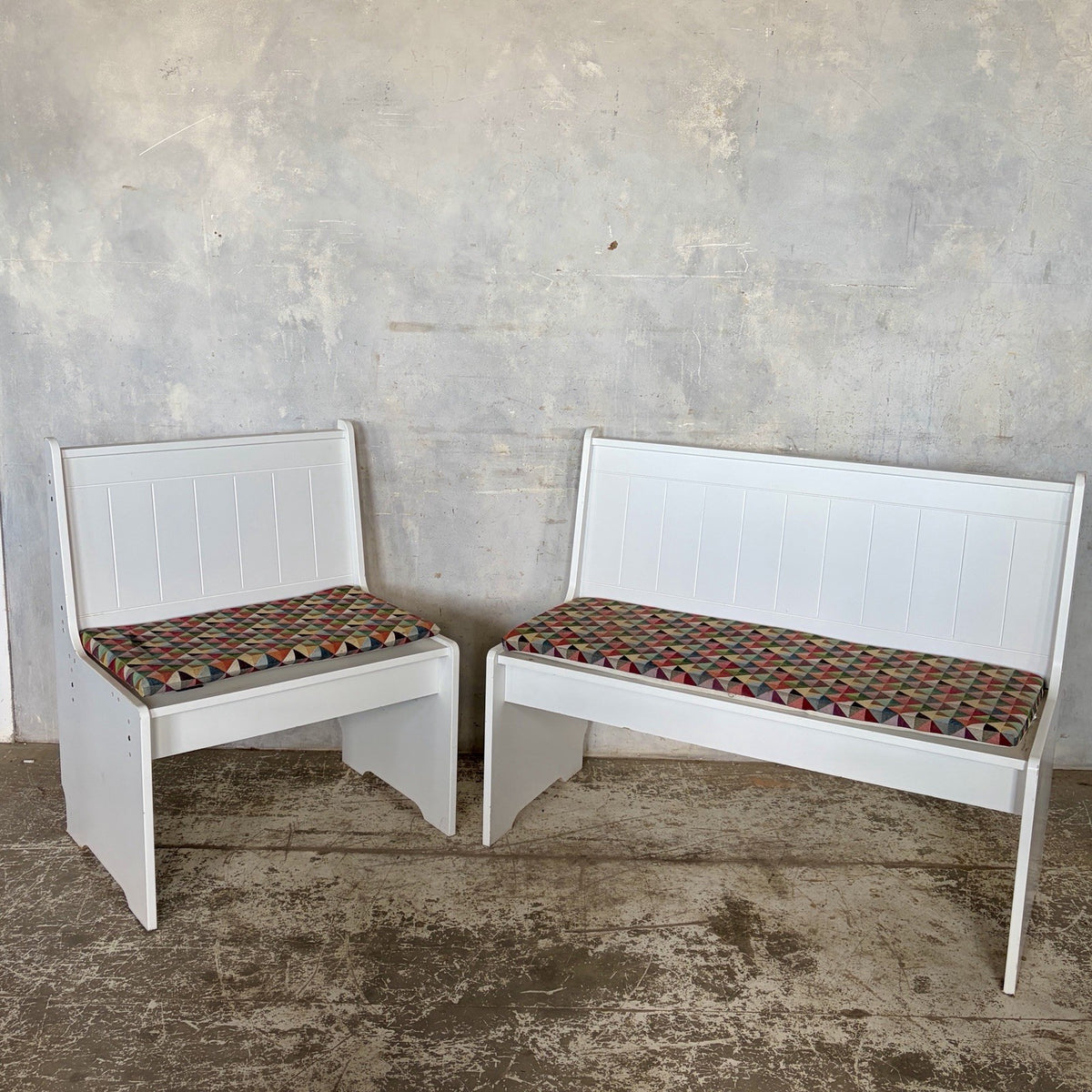 1990s White Church Pew Benches with Geometric Cushions – Pair – view 2
