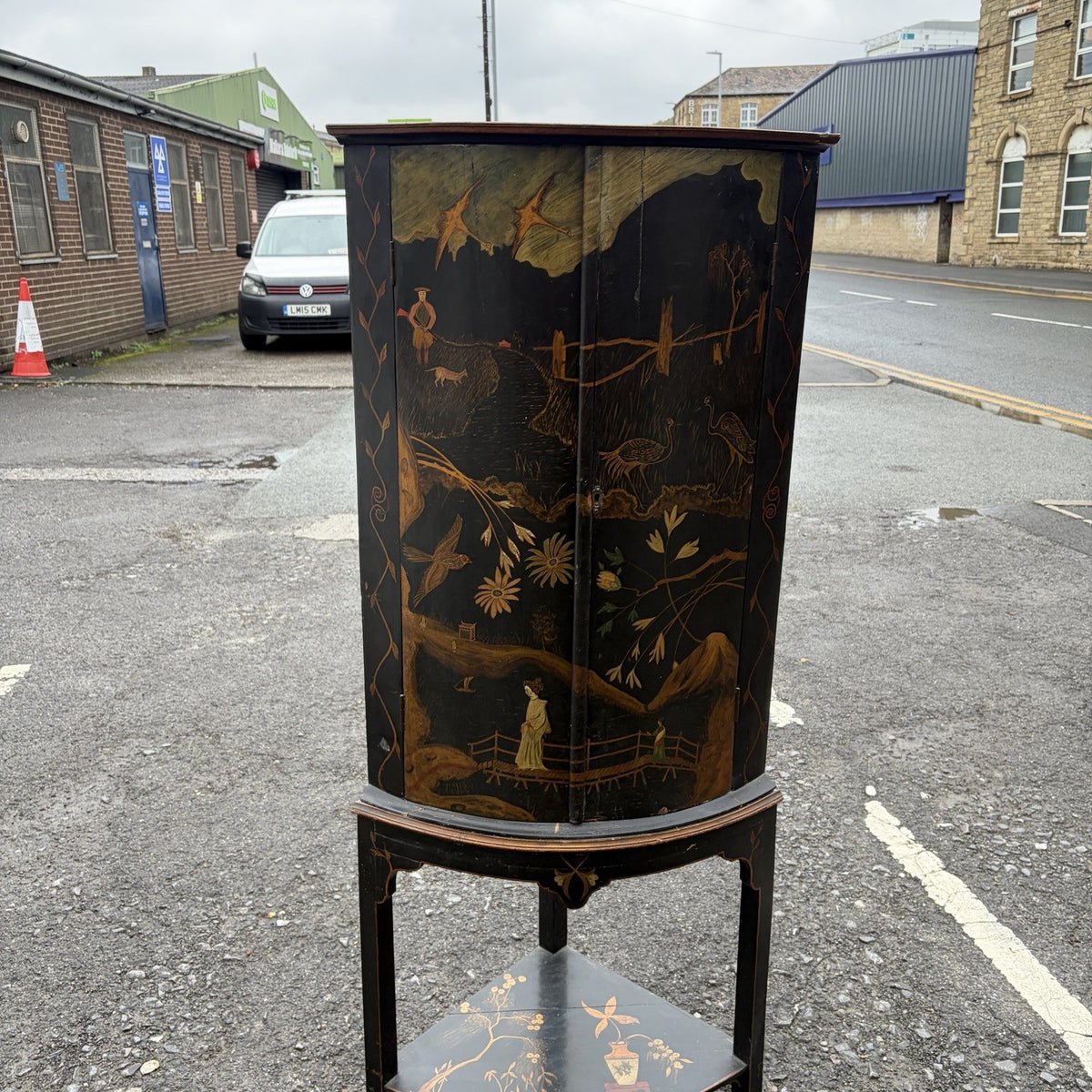 Antique Black Lacquer Chinoiserie Bow-Front Corner Cabinet on Stand – view 2