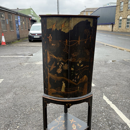 Antique Black Lacquer Chinoiserie Bow-Front Corner Cabinet on Stand – view 2