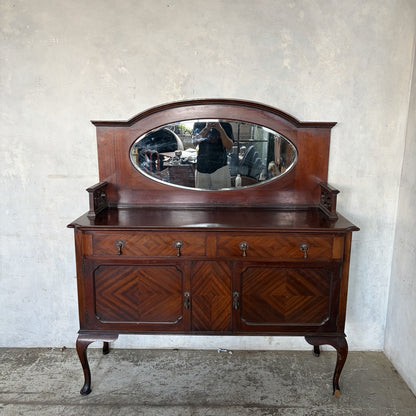 Arts & Crafts Mahogany Inlaid Hall Cabinet with Oval Mirror – original photograph 1