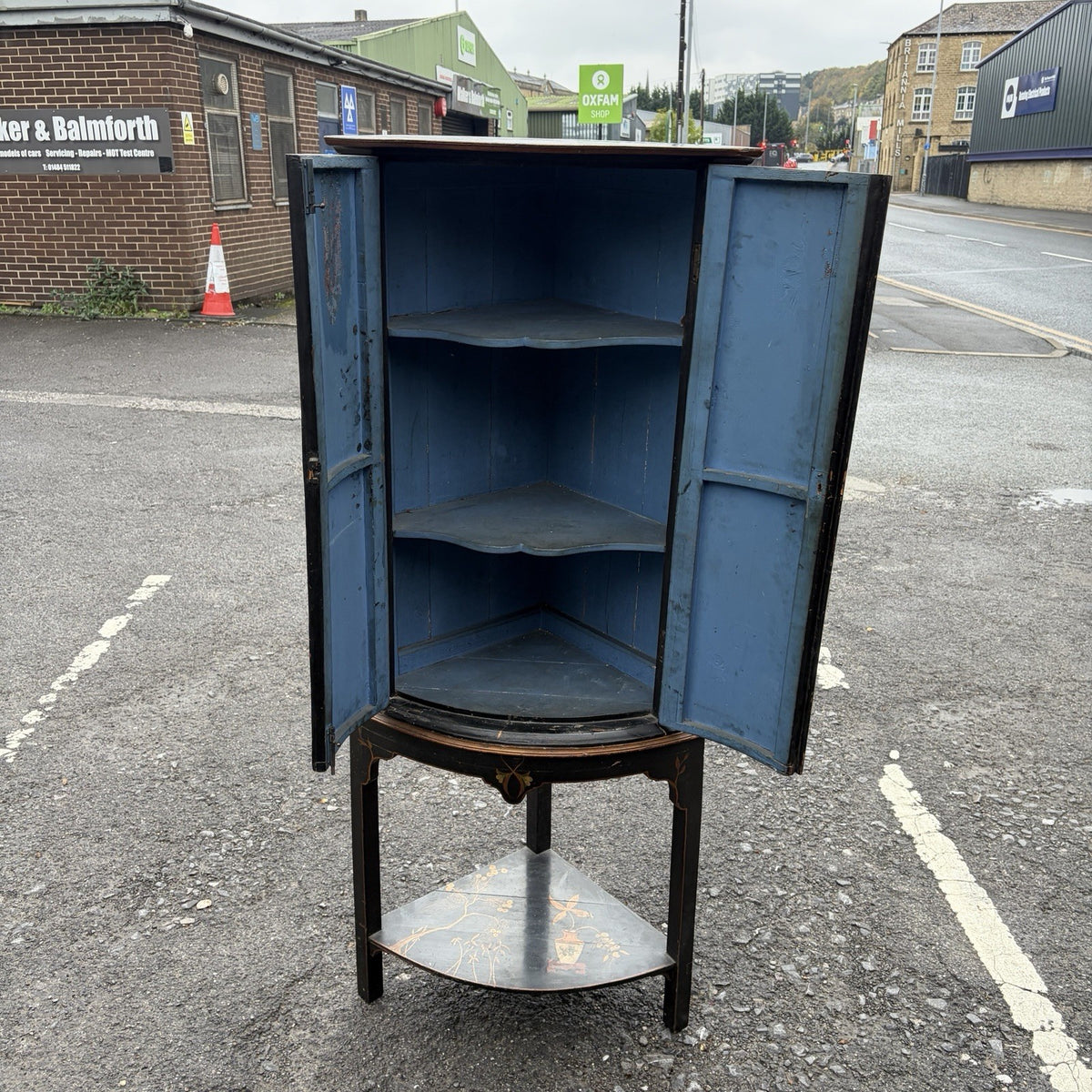 Antique Black Lacquer Chinoiserie Bow-Front Corner Cabinet on Stand – view 9