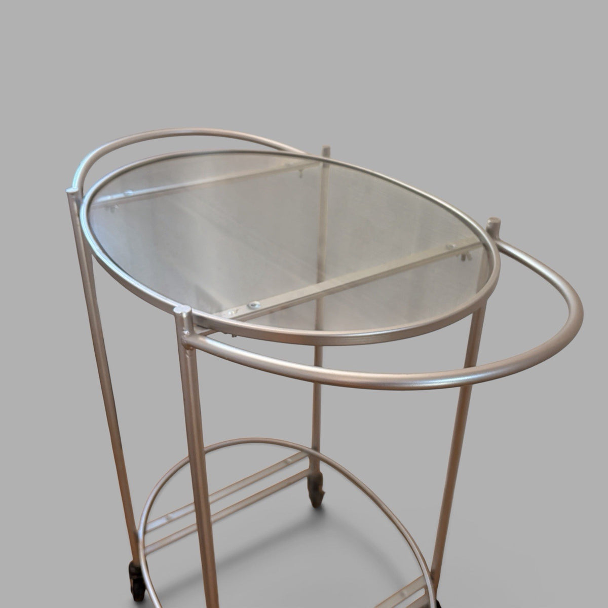 1990s Oval Glass & Silver-Tone Drinks Trolley – Two-Tier Bar Cart – view 4