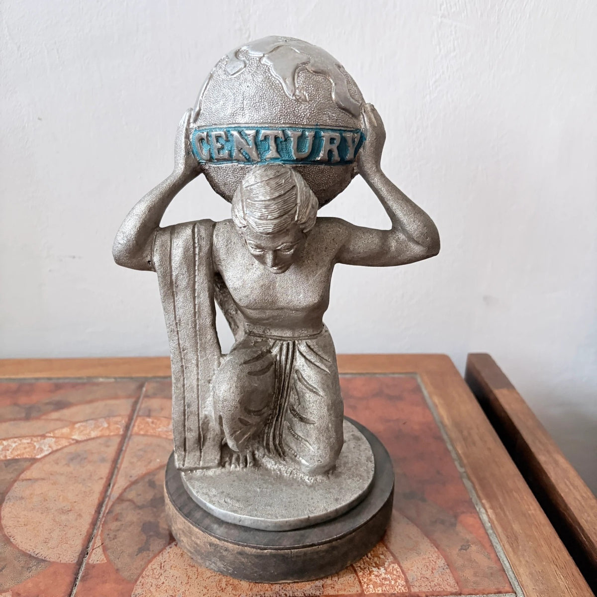 Art Deco Century Atlas Globe Bookend – Cast Metal on Wooden Plinth – view 4