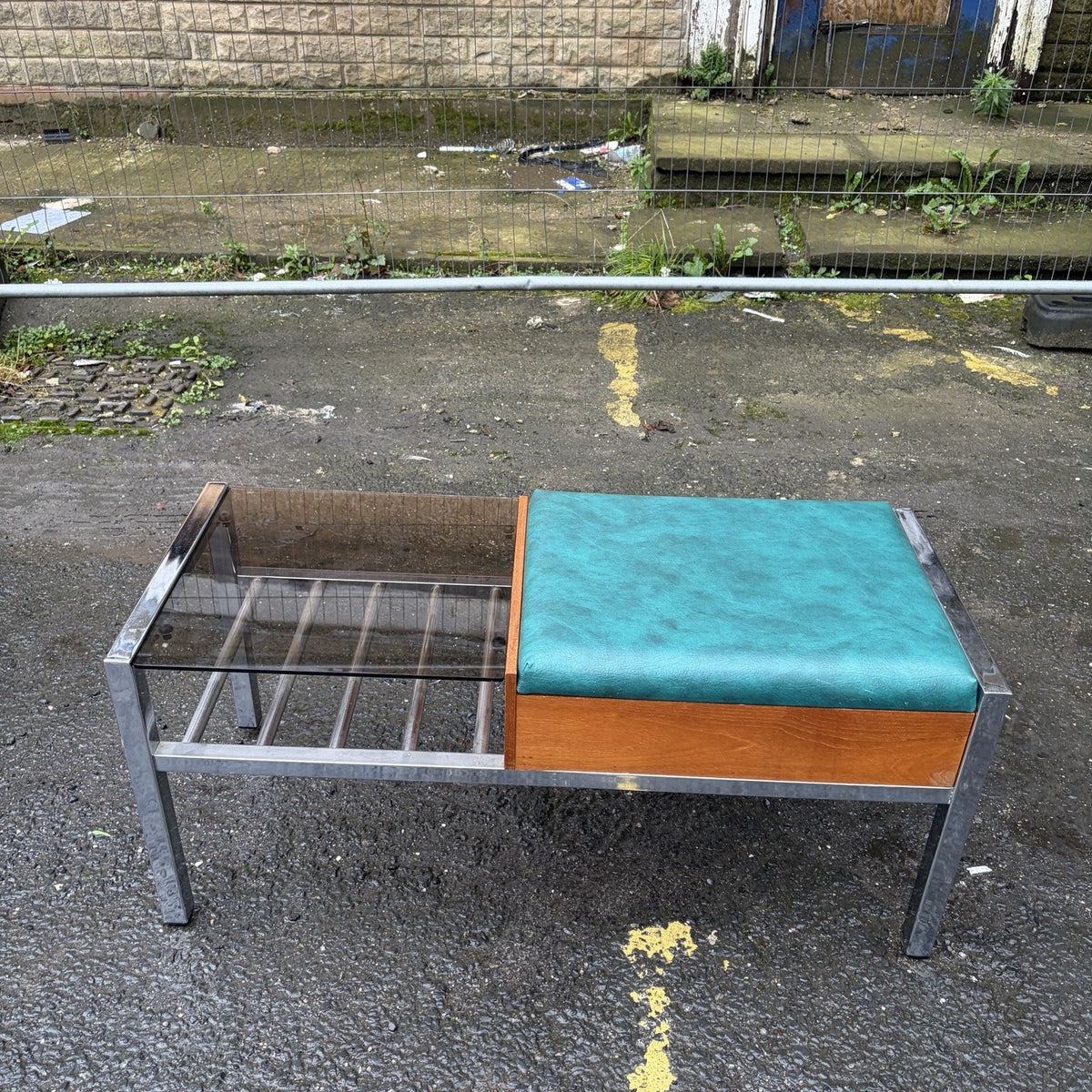 Mid Century Chippy Heath Teak & Chrome Telephone Bench – view 7