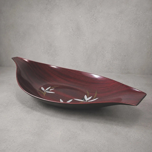 Mid Century Japanese Lacquered Decorative Bowl – Burgundy Woodgrain Effect – view 1