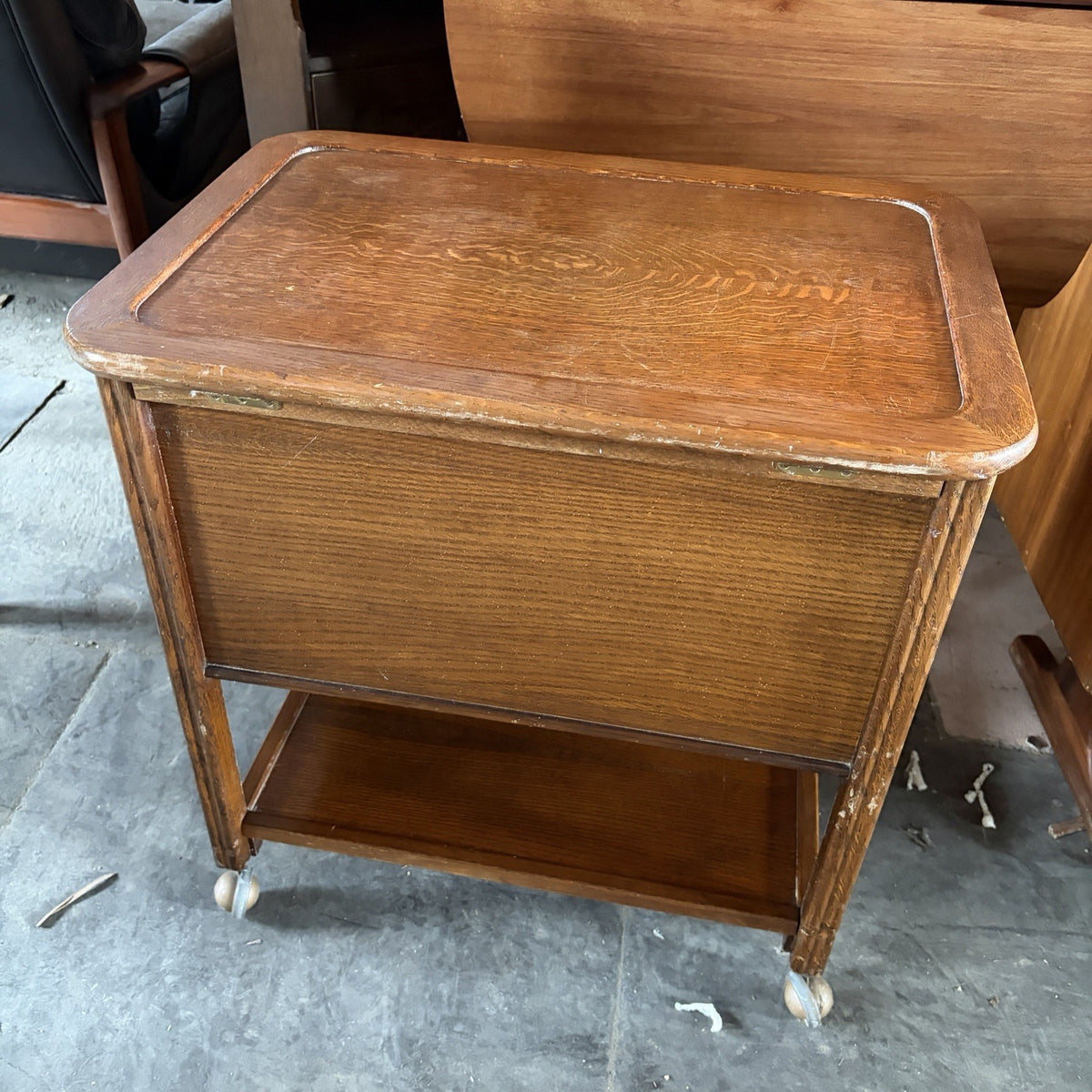 Arts & Crafts Oak Sewing Box Trolley | Vintage Craft Storage Cabinet – original photograph 10