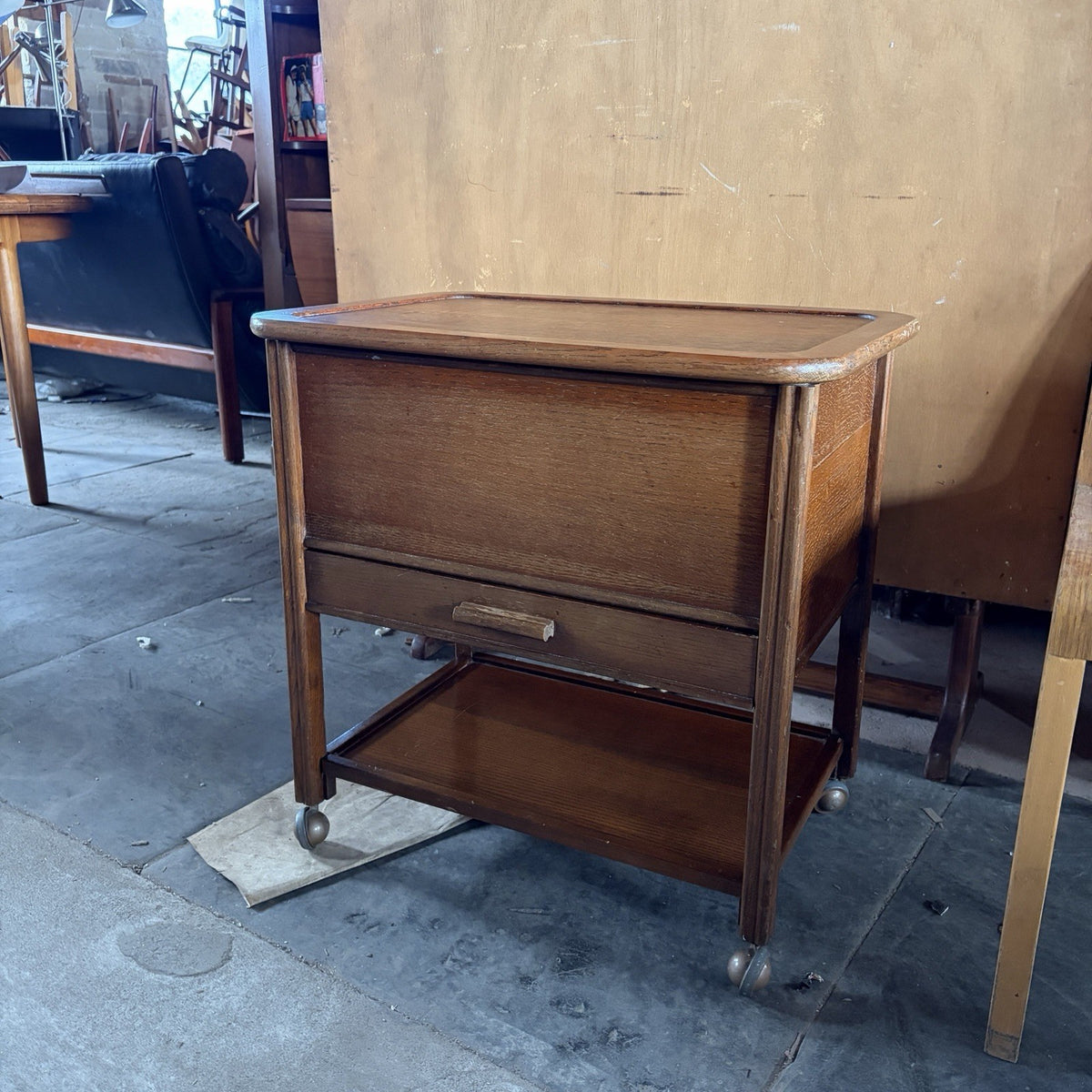 Arts & Crafts Oak Sewing Box Trolley | Vintage Craft Storage Cabinet – original photograph 3