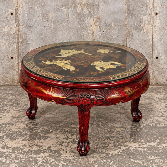 Vintage Chinoiserie Round Lacquer Coffee Table with Decorative Inlay – original photograph 1