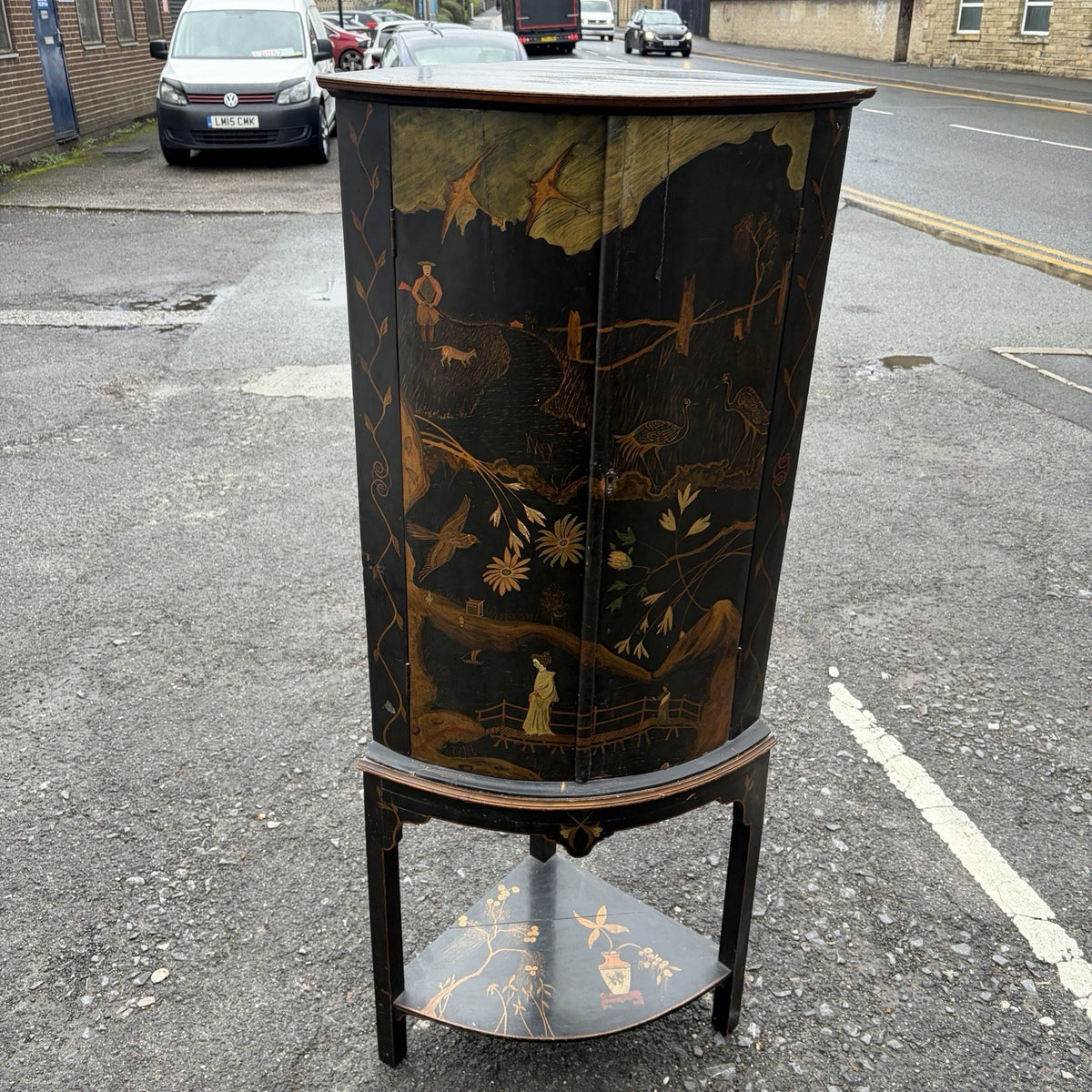 Antique Black Lacquer Chinoiserie Bow-Front Corner Cabinet on Stand – view 5