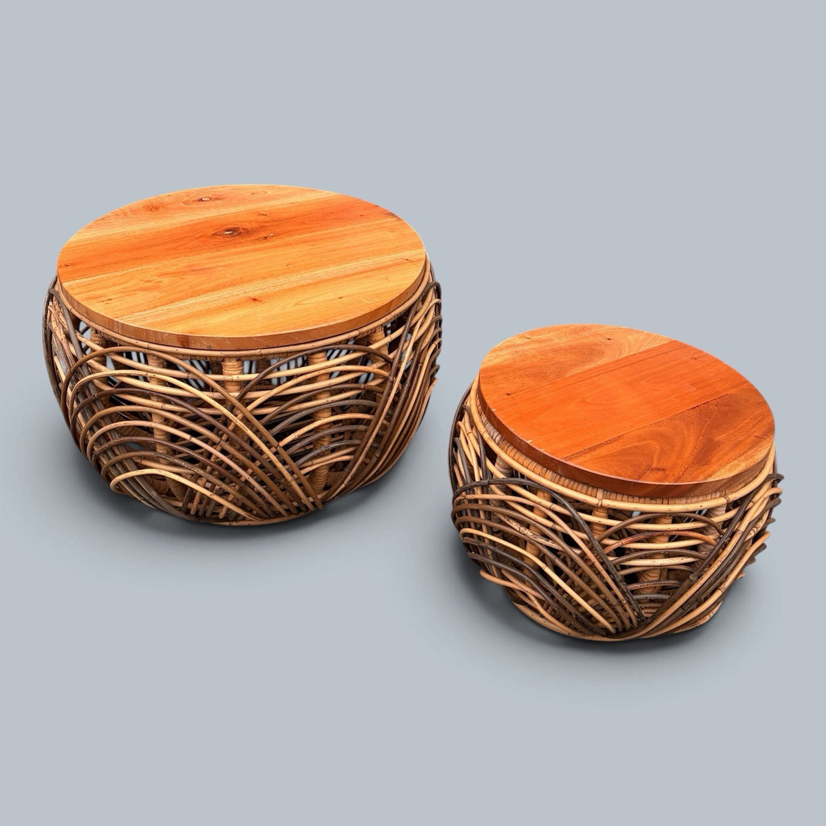 1970s Wicker & Pine Nesting Basket Stools / Side Tables – Pair – view 3