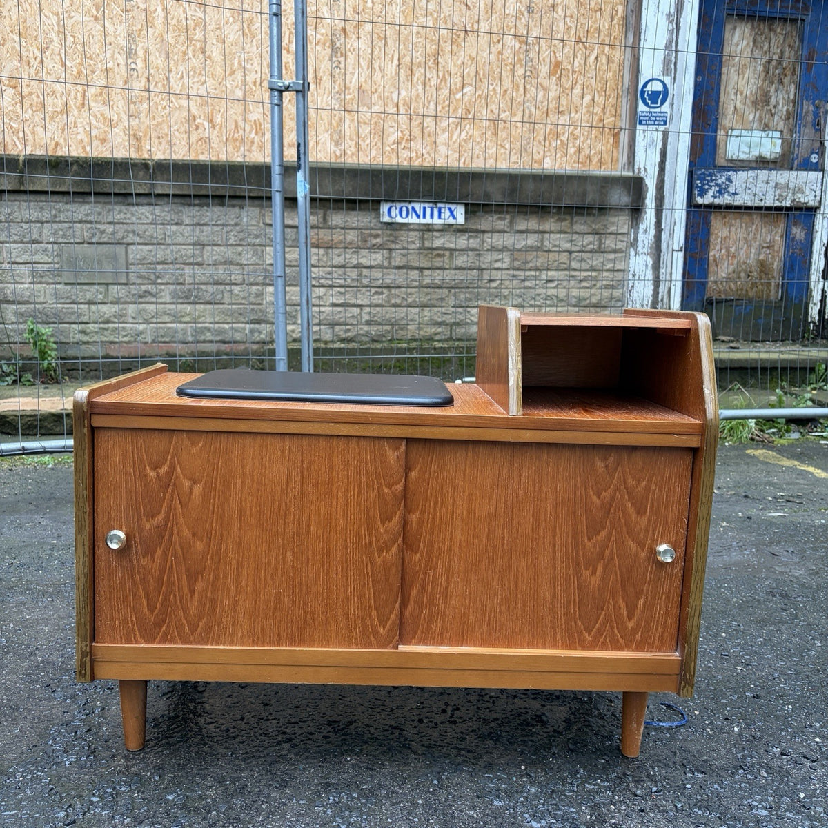 Mid Century Chippy Heath Teak Telephone Bench – Black Vinyl – view 2