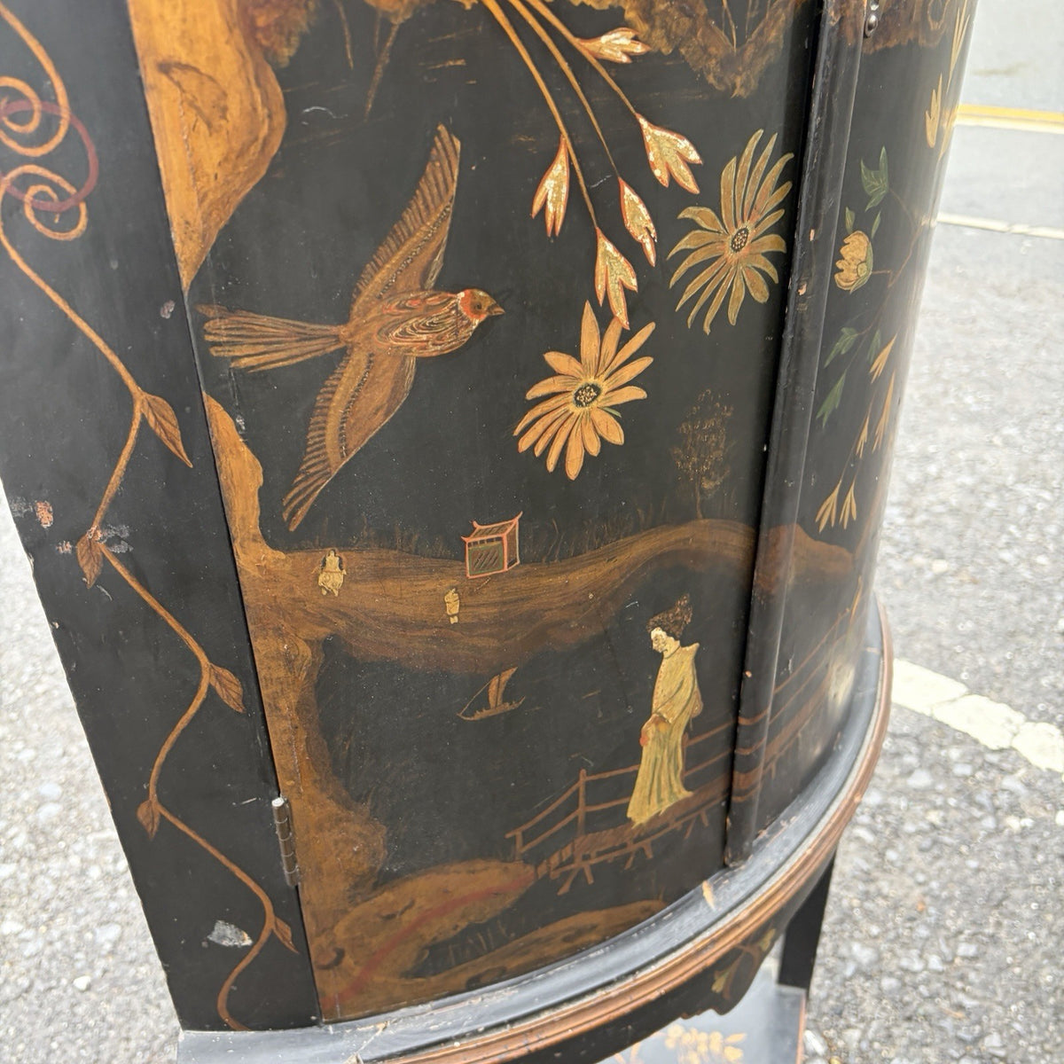Antique Black Lacquer Chinoiserie Bow-Front Corner Cabinet on Stand – view 7