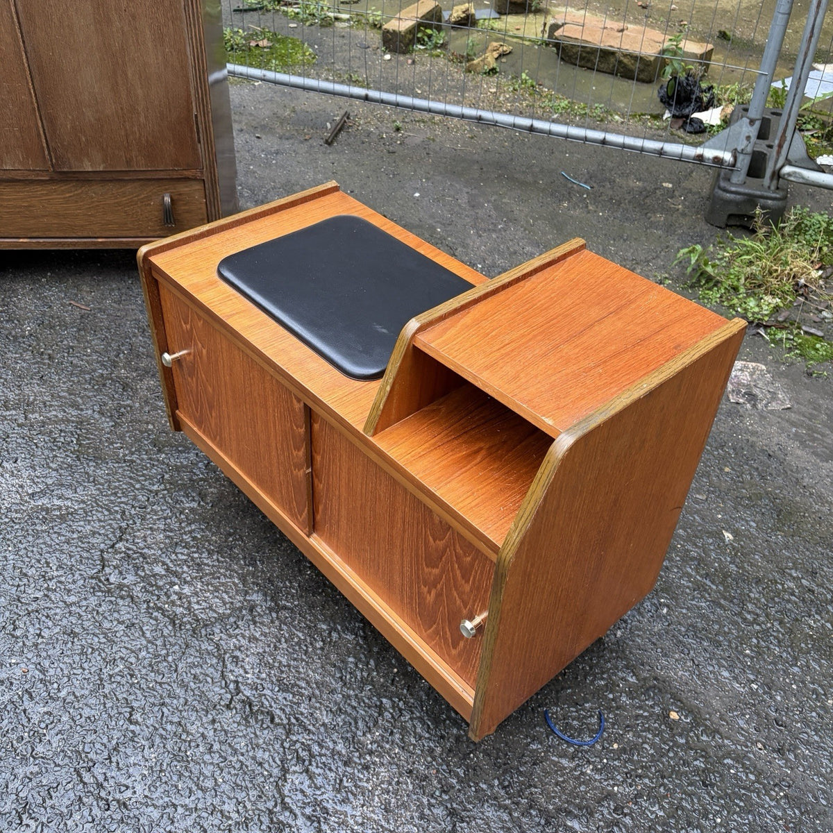 Mid Century Chippy Heath Teak Telephone Bench – Black Vinyl – view 7
