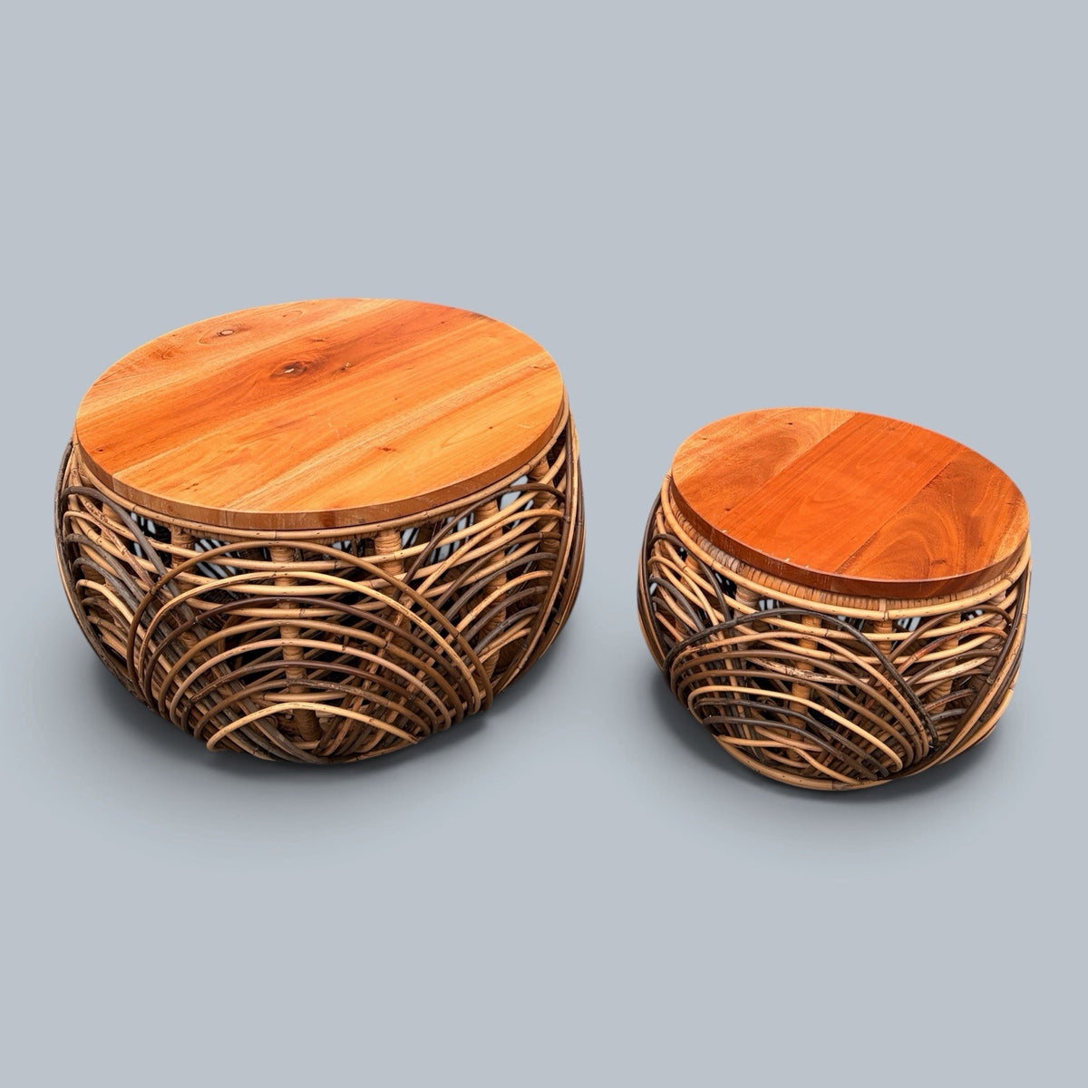 1970s Wicker & Pine Nesting Basket Stools / Side Tables – Pair – view 1