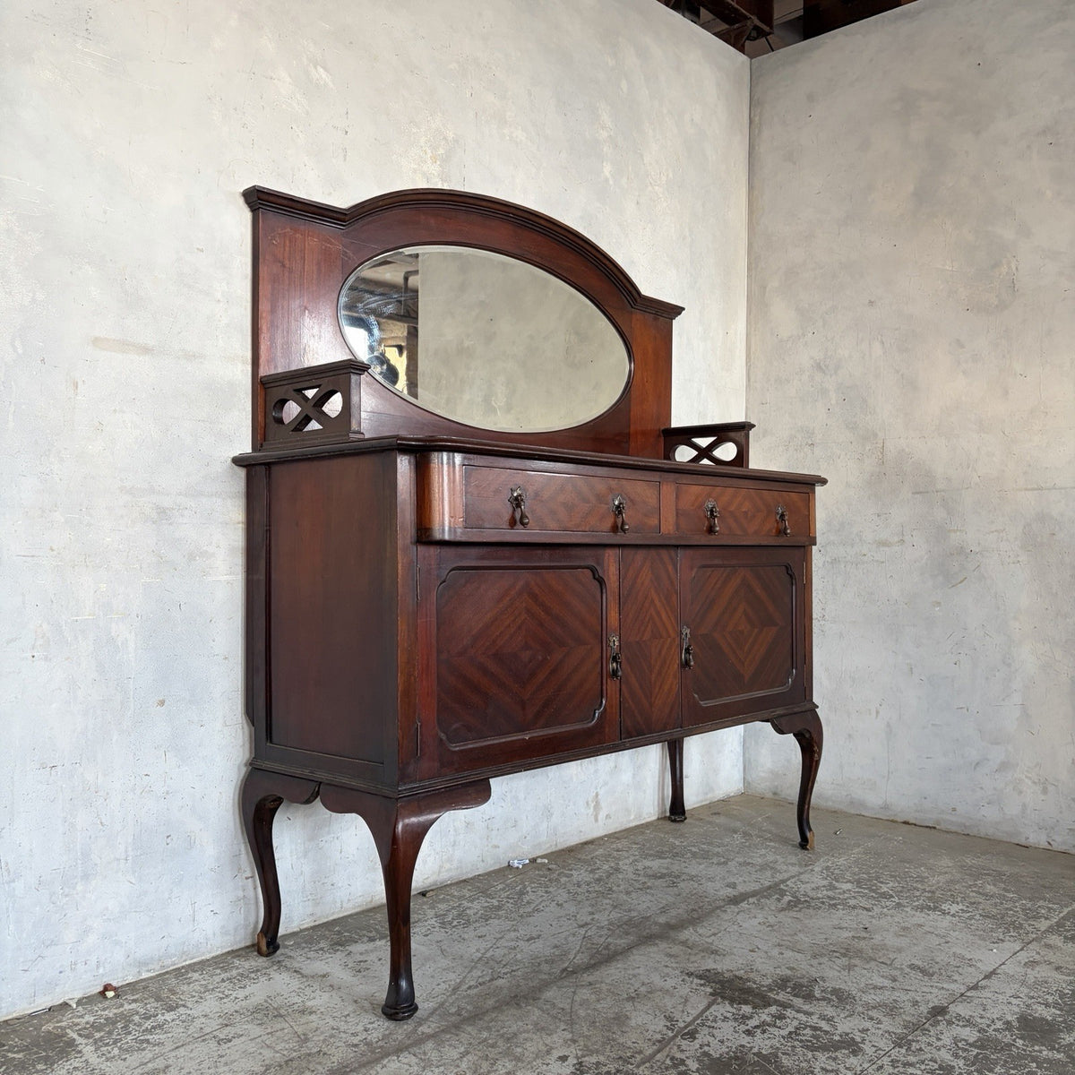 Arts & Crafts Mahogany Inlaid Hall Cabinet with Oval Mirror – original photograph 2