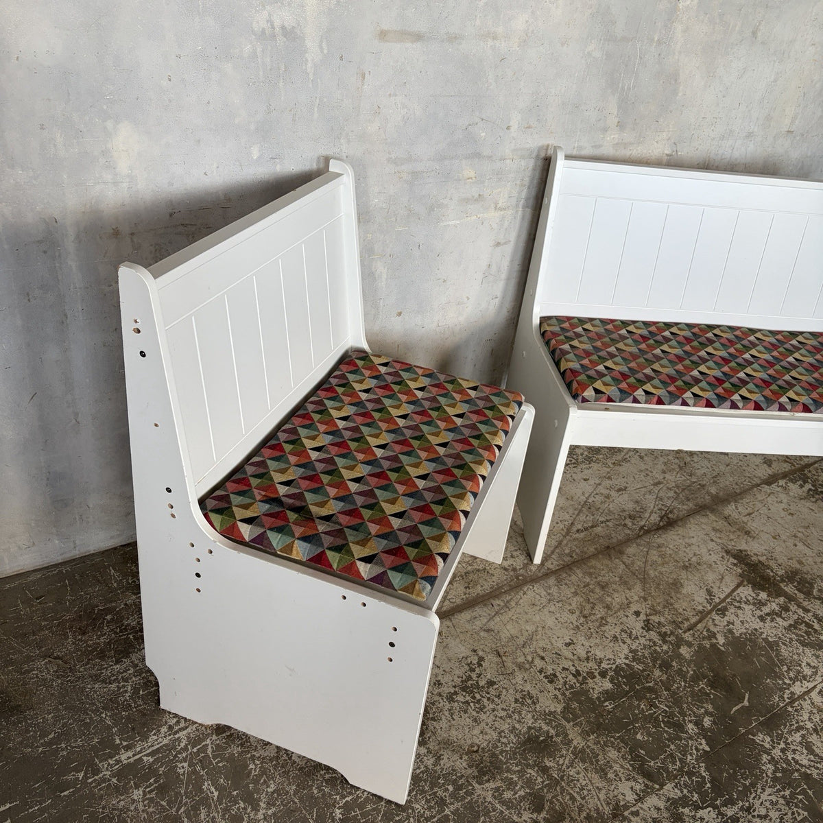 1990s White Church Pew Benches with Geometric Cushions – Pair – view 5