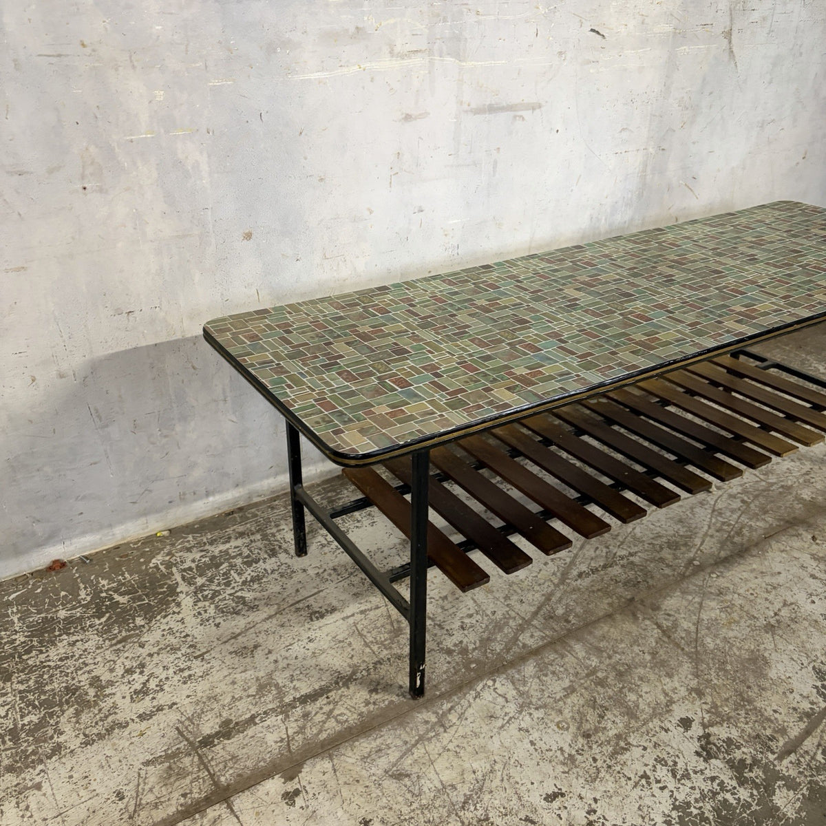 Mid Century Mosaic-Effect Formica Coffee Table with Slatted Shelf – original photograph 4
