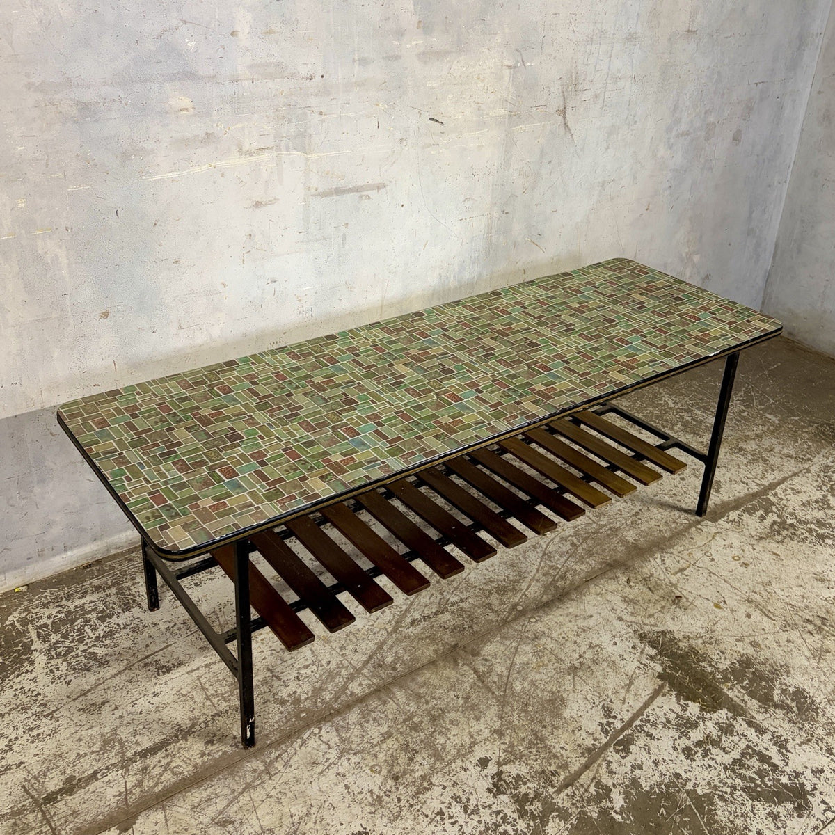 Mid Century Mosaic-Effect Formica Coffee Table with Slatted Shelf – original photograph 2