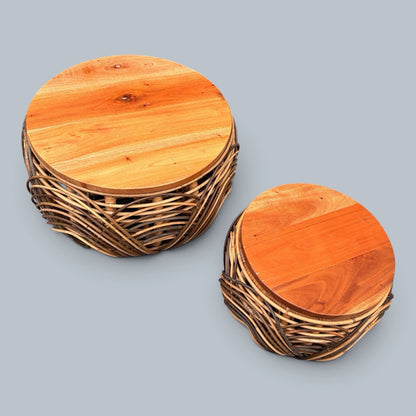 1970s Wicker & Pine Nesting Basket Stools / Side Tables – Pair – view 7