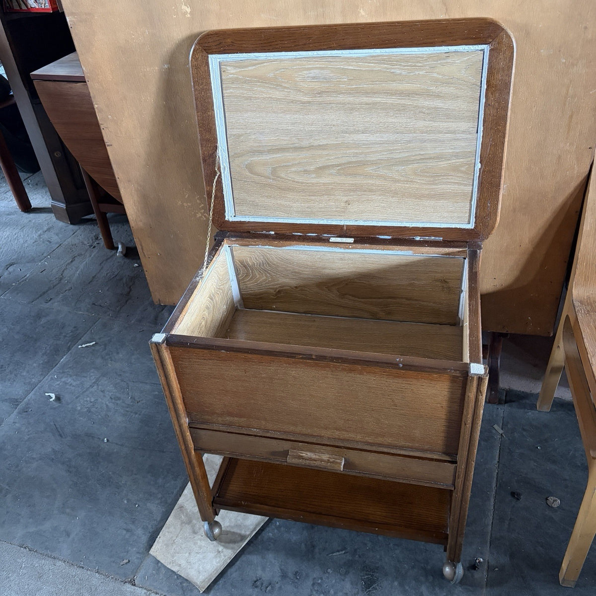 Arts & Crafts Oak Sewing Box Trolley | Vintage Craft Storage Cabinet – original photograph 5