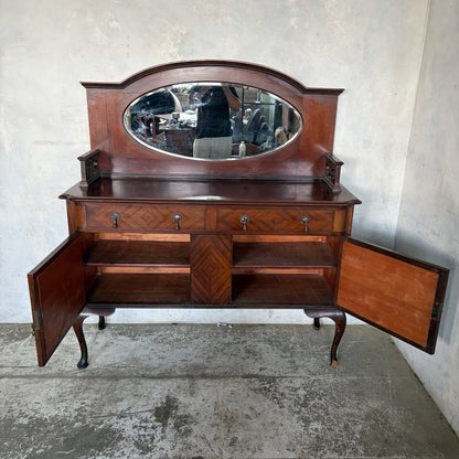 Arts & Crafts Mahogany Inlaid Hall Cabinet with Oval Mirror – original photograph 9