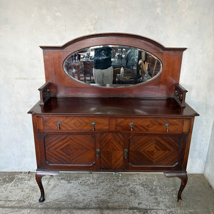 Arts & Crafts Mahogany Inlaid Hall Cabinet with Oval Mirror – original photograph 6