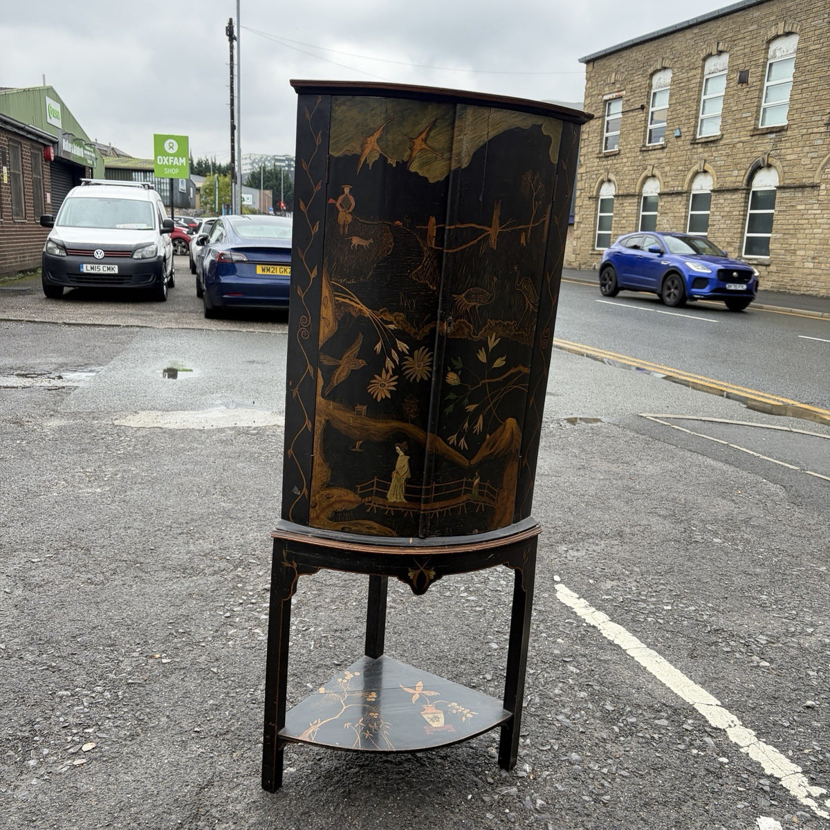 Antique Black Lacquer Chinoiserie Bow-Front Corner Cabinet on Stand – view 4