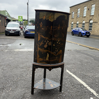 Antique Black Lacquer Chinoiserie Bow-Front Corner Cabinet on Stand – view 4