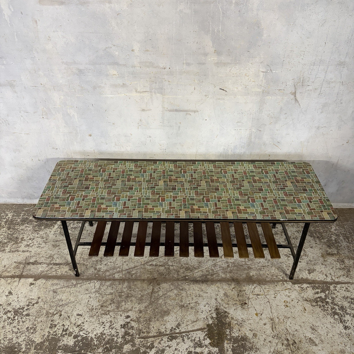 Mid Century Mosaic-Effect Formica Coffee Table with Slatted Shelf – original photograph 8