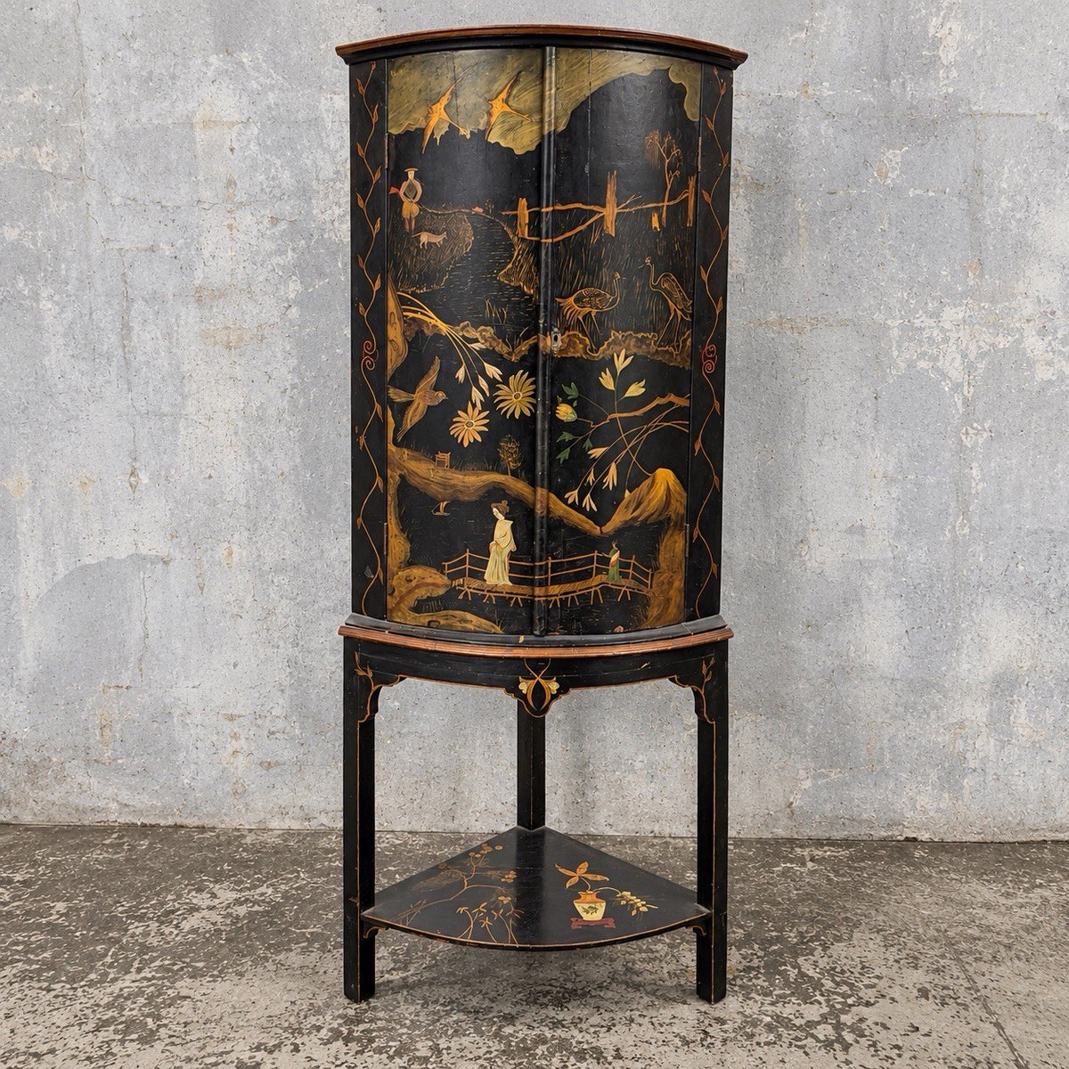 Antique Black Lacquer Chinoiserie Bow-Front Corner Cabinet on Stand – view 1