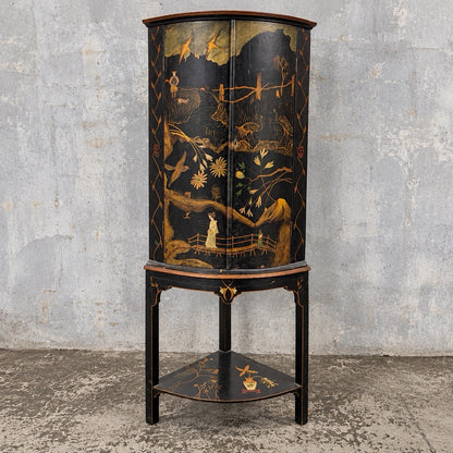 Antique Black Lacquer Chinoiserie Bow-Front Corner Cabinet on Stand – view 1