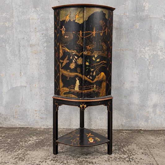 Antique Black Lacquer Chinoiserie Bow-Front Corner Cabinet on Stand – view 1