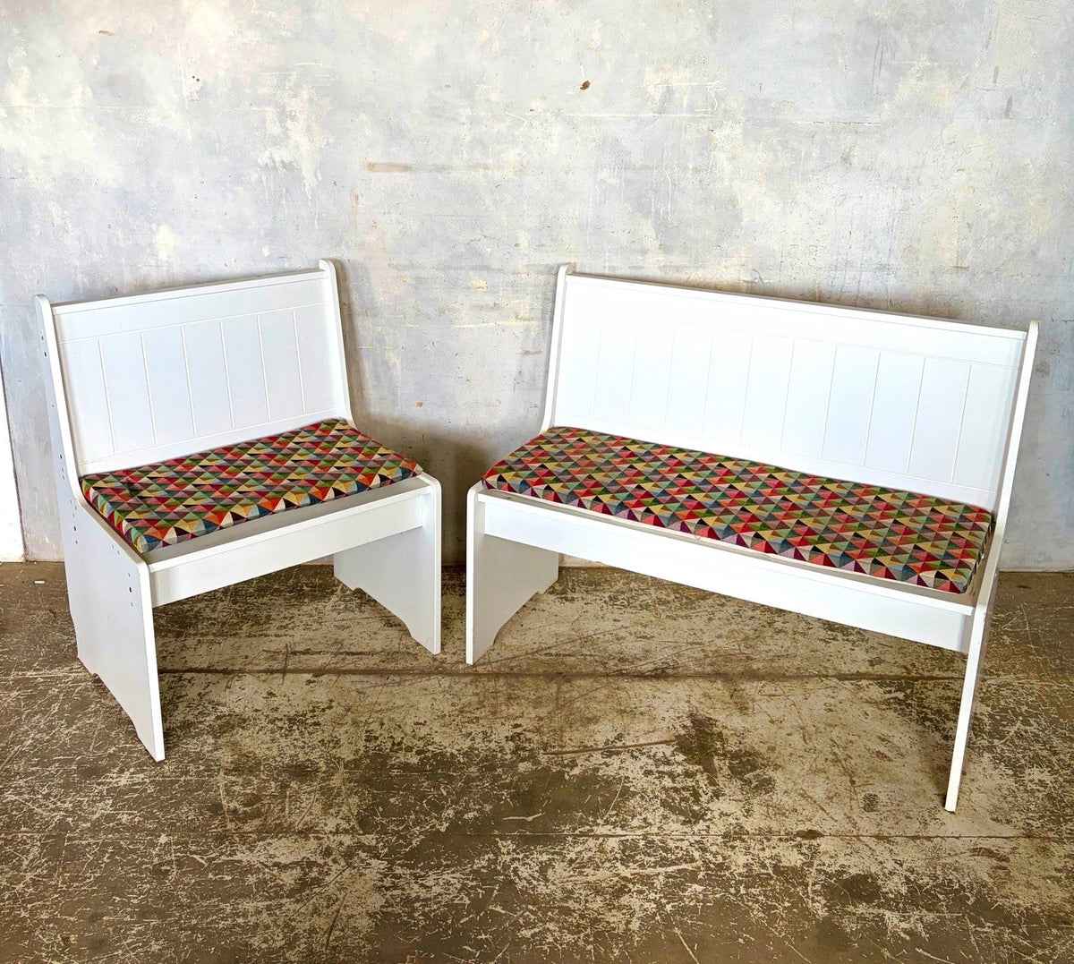 1990s White Church Pew Benches with Geometric Cushions – Pair – view 1