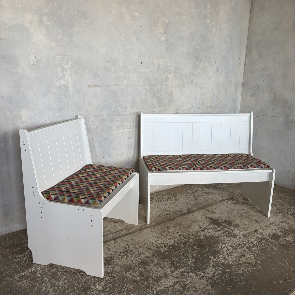 1990s White Church Pew Benches with Geometric Cushions – Pair – view 3