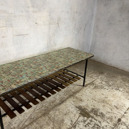 Mid Century Mosaic-Effect Formica Coffee Table with Slatted Shelf – original photograph 5