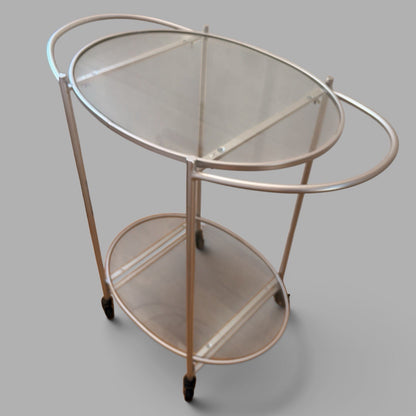 1990s Oval Glass & Silver-Tone Drinks Trolley – Two-Tier Bar Cart – view 7
