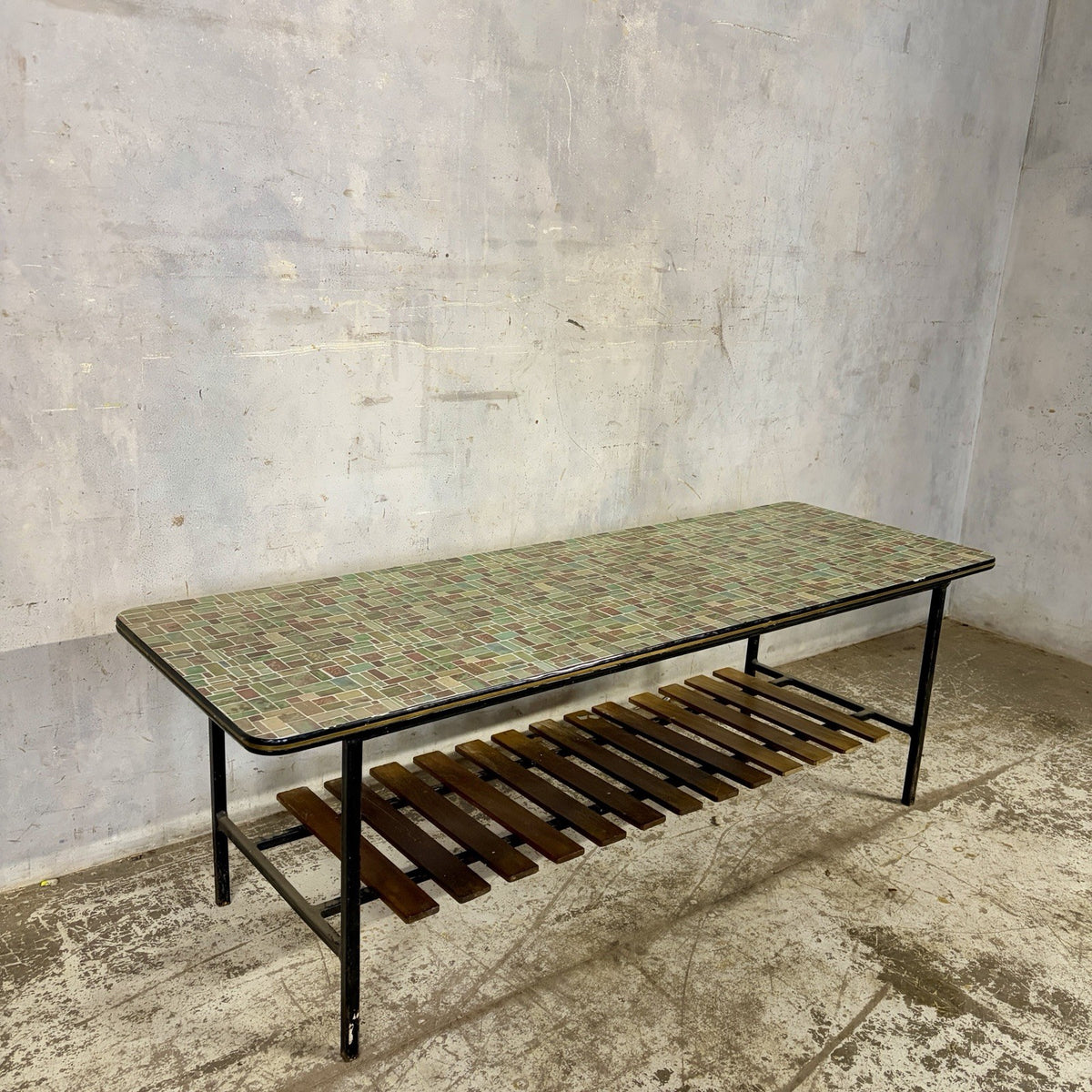 Mid Century Mosaic-Effect Formica Coffee Table with Slatted Shelf – original photograph 1