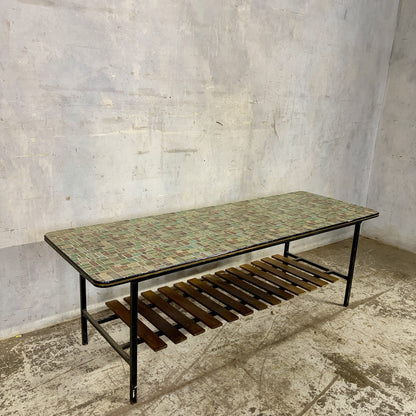 Mid Century Mosaic-Effect Formica Coffee Table with Slatted Shelf – original photograph 1
