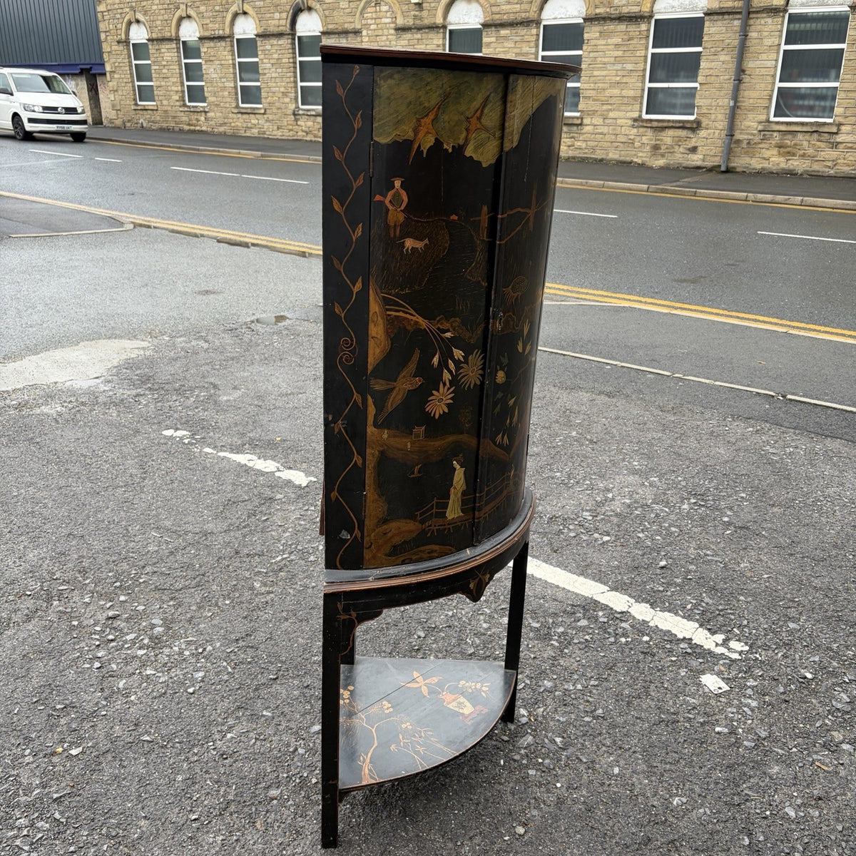 Antique Black Lacquer Chinoiserie Bow-Front Corner Cabinet on Stand – view 6