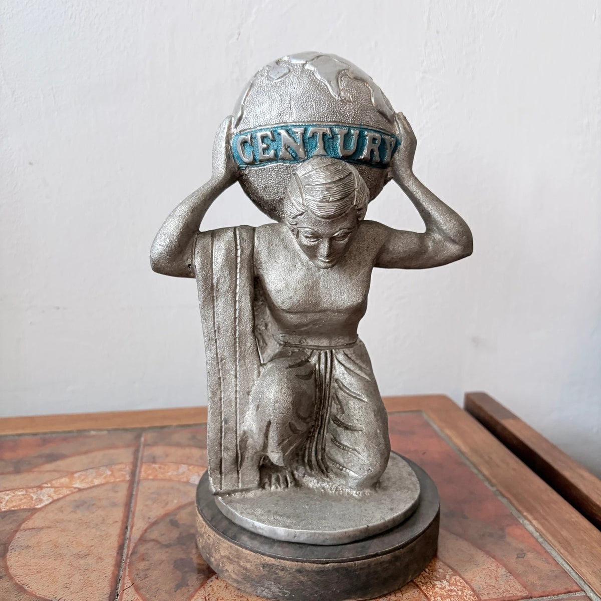 Art Deco Century Atlas Globe Bookend – Cast Metal on Wooden Plinth – view 5